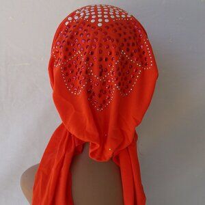 Orange Pre-Tied Stud Chemo Cap Slip On Bonnet Hijab Undercap #1